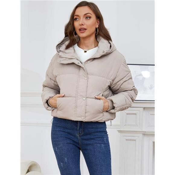 Womens Cropped Puffer Jacket Hooded Zip Up Apricot - Picture 3 of 6